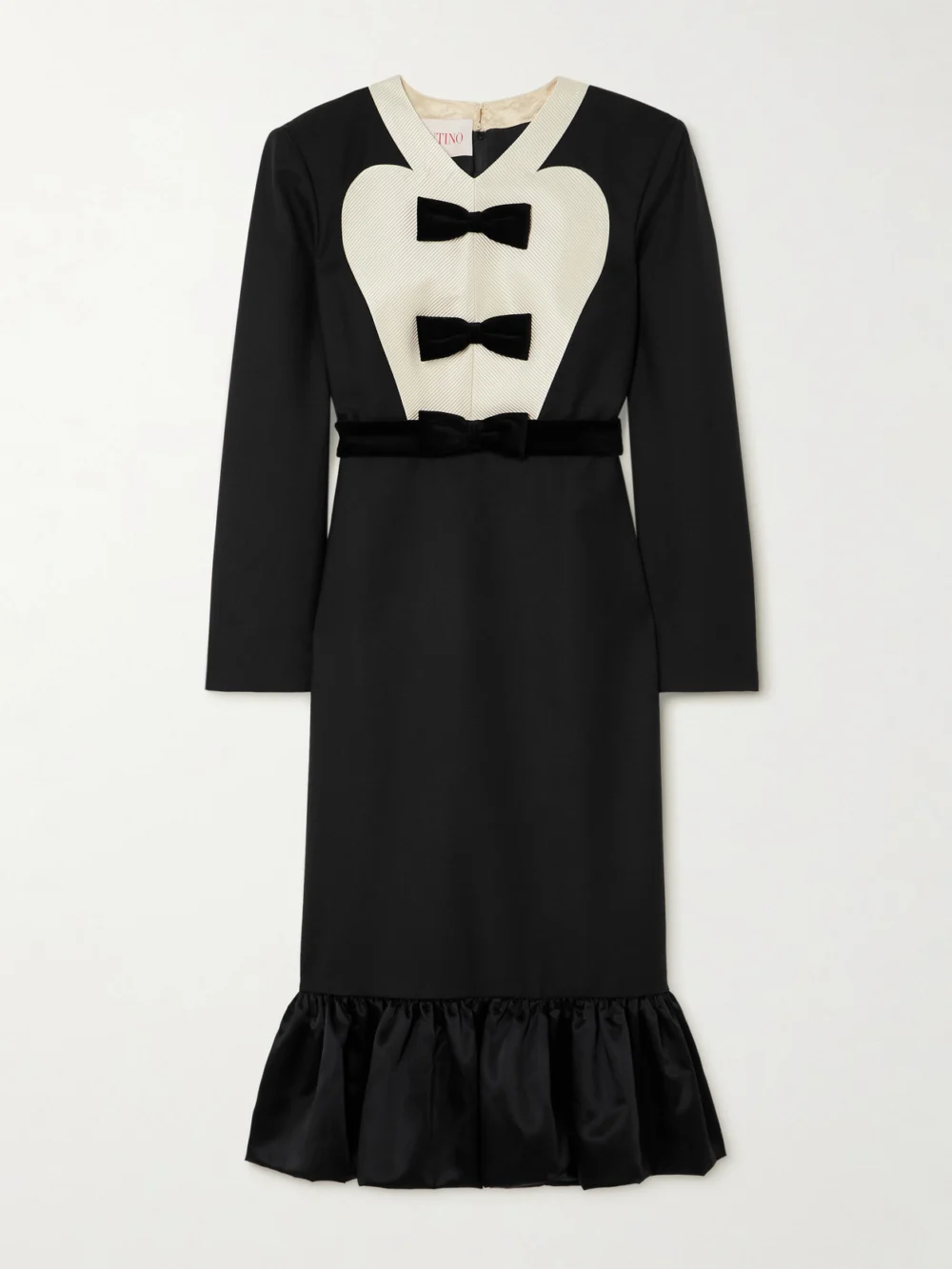 Valentino Garavani Belted Bow-embellished Velvet and Ottoman-trimmed Wool Midi Dress in black