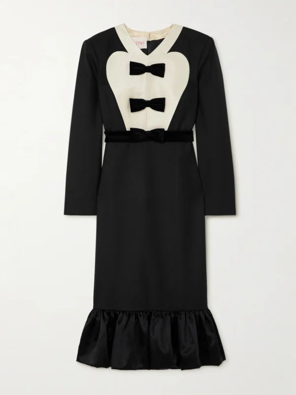 Valentino Garavani Belted Bow-embellished Velvet and Ottoman-trimmed Wool Midi Dress