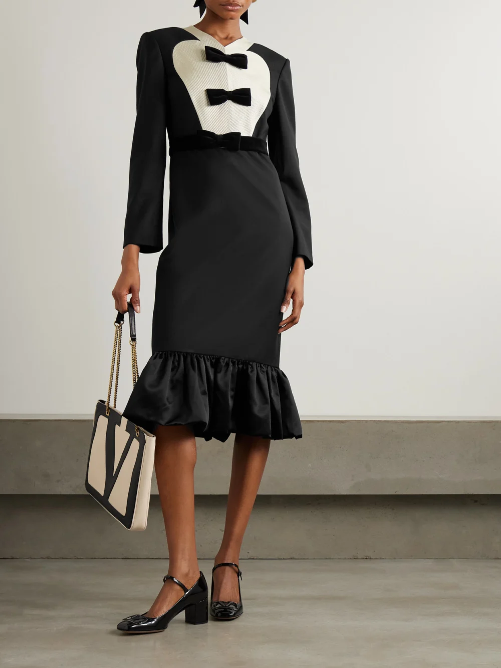 Valentino Garavani Belted Bow-embellished Velvet and Ottoman-trimmed Wool Midi Dress, worn by a model
