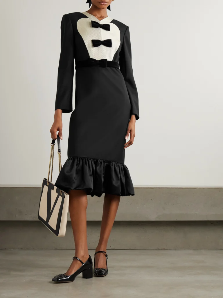 Valentino Garavani Belted Bow-embellished Velvet and Ottoman-trimmed Wool Midi Dress