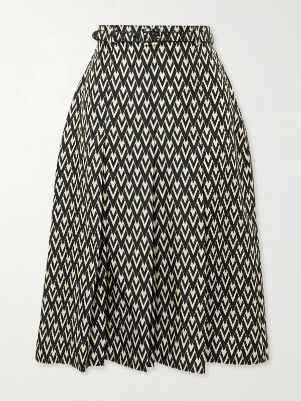 Valentino Garavani Belted Pleated Printed Silk-twill Midi Skirt