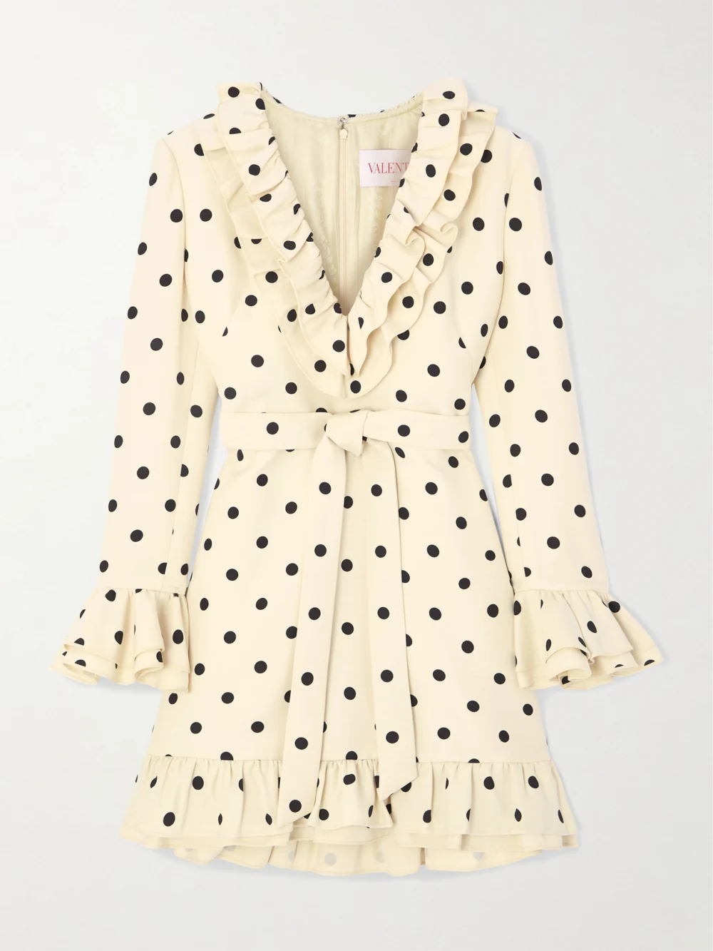 Valentino Garavani Belted Ruffled Polka-dot Wool and Silk-blend Mini Dress in off-white