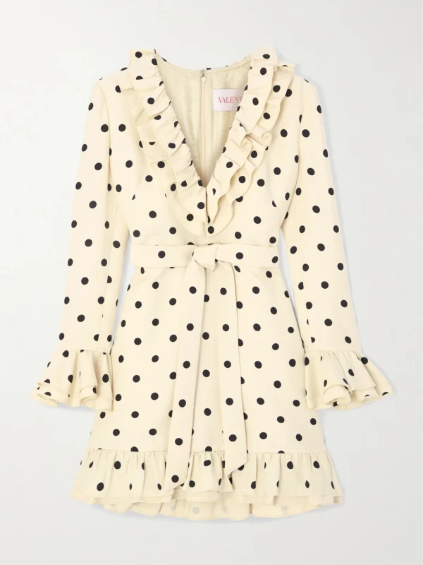 Valentino Garavani Belted Ruffled Polka-dot Wool and Silk-blend Mini Dress