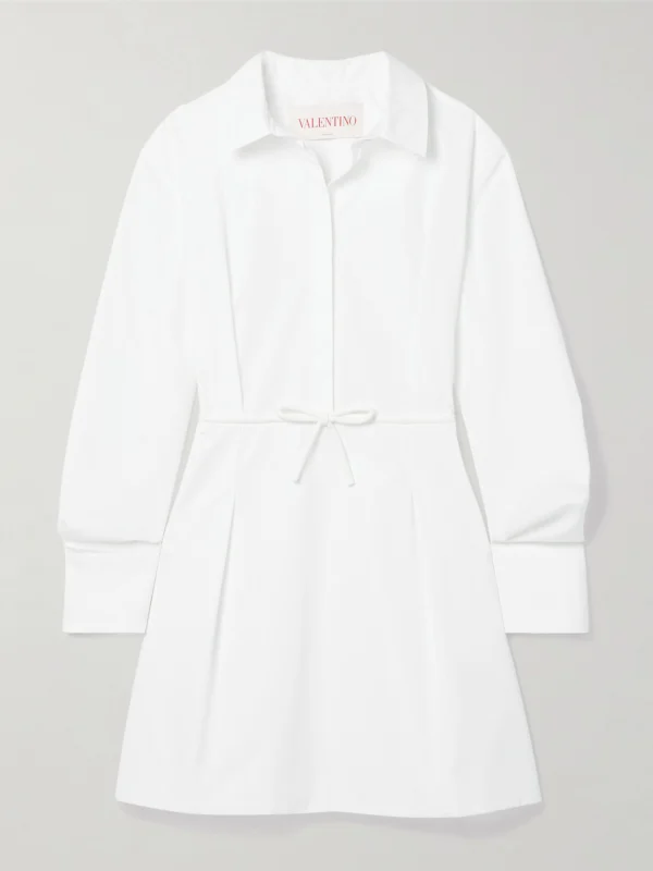 Valentino Garavani Bow-detailed Pleated Cotton-poplin Mini Shirt Dress