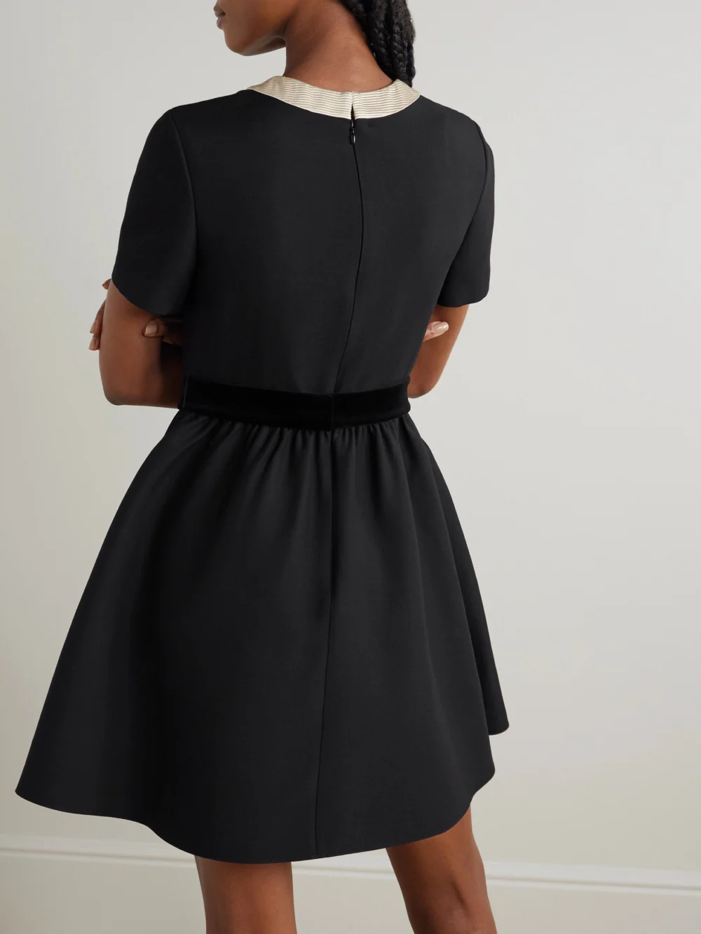 Back view of the Valentino Garavani Bow-detailed Velvet and Ribbed Satin-trimmed Wool and Silk-blend Mini Dress