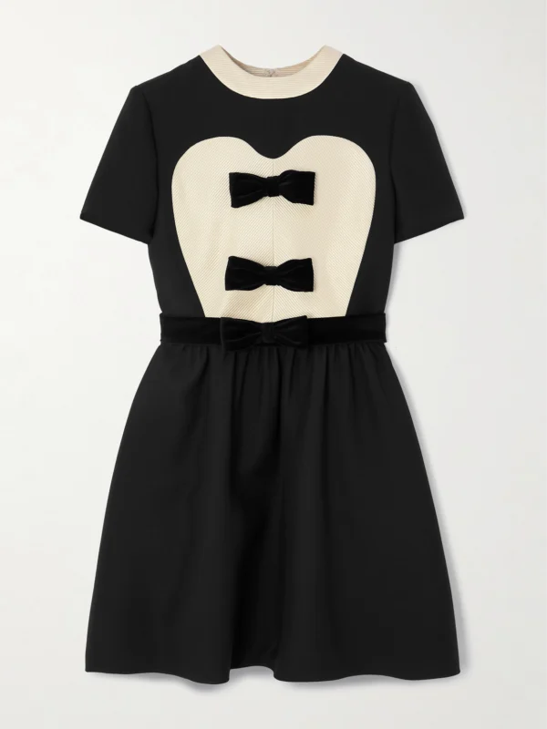 Valentino Garavani Bow-detailed Velvet and Ribbed Satin-trimmed Wool and Silk-blend Mini Dress