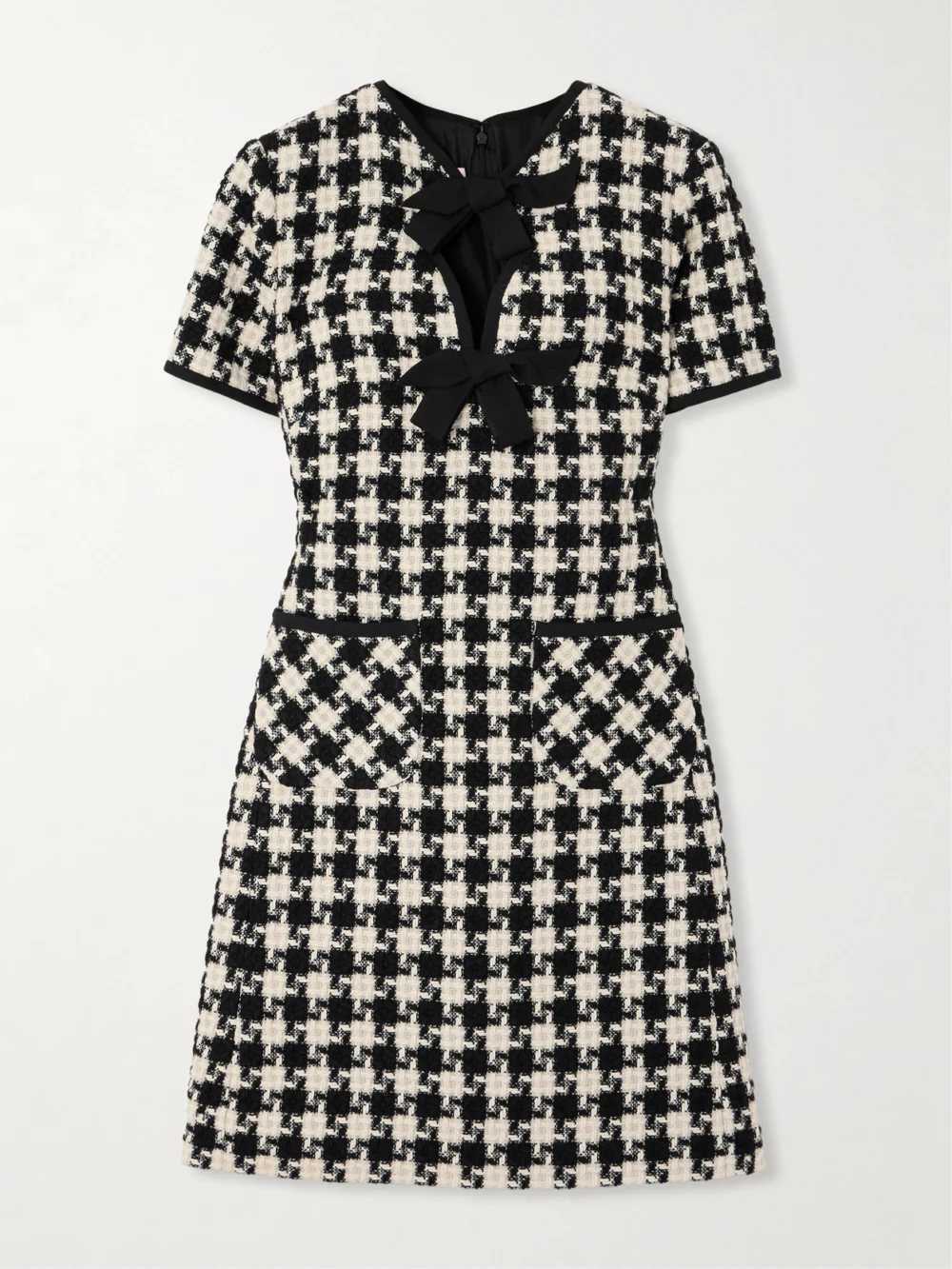 Valentino Garavani Bow-embellished Crepe-trimmed Checked Tweed Mini Dress in black