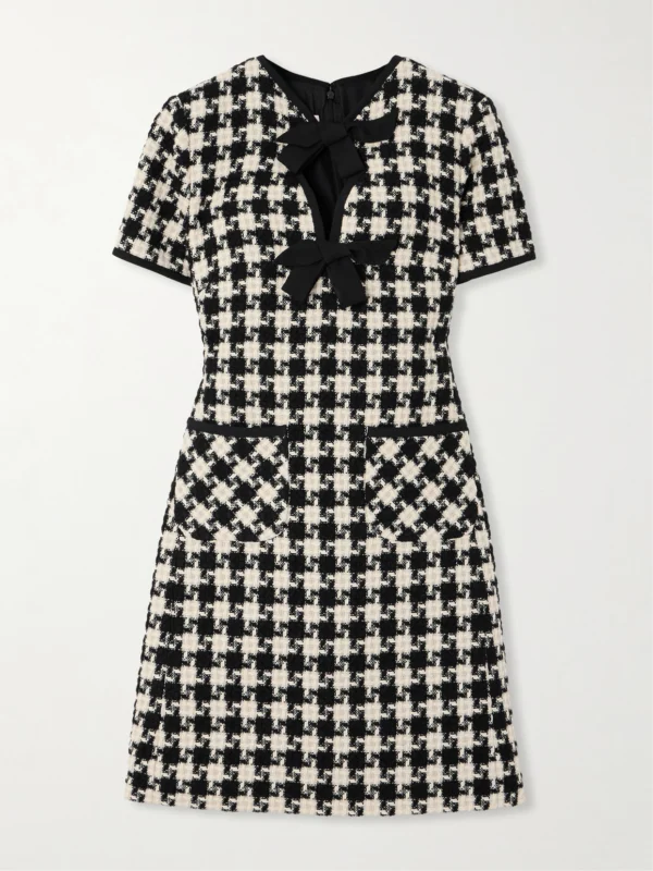 Valentino Garavani Bow-embellished Crepe-trimmed Checked Tweed Mini Dress