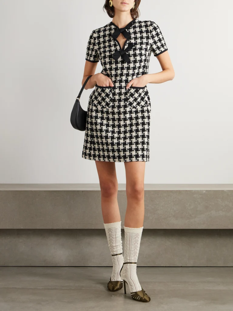 Valentino Garavani Bow-embellished Crepe-trimmed Checked Tweed Mini Dress