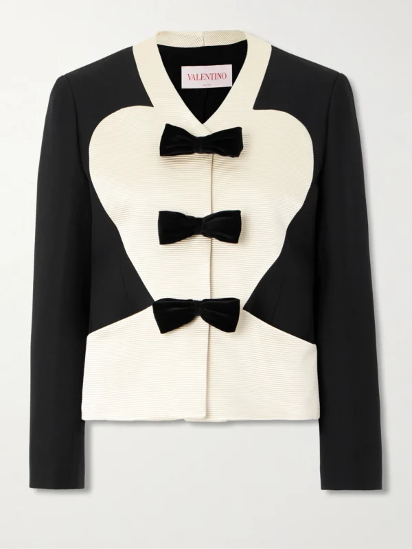 Valentino Garavani Bow-embellished Ribbed Cotton-blend and Wool and Silk-blend Crepe Jacket