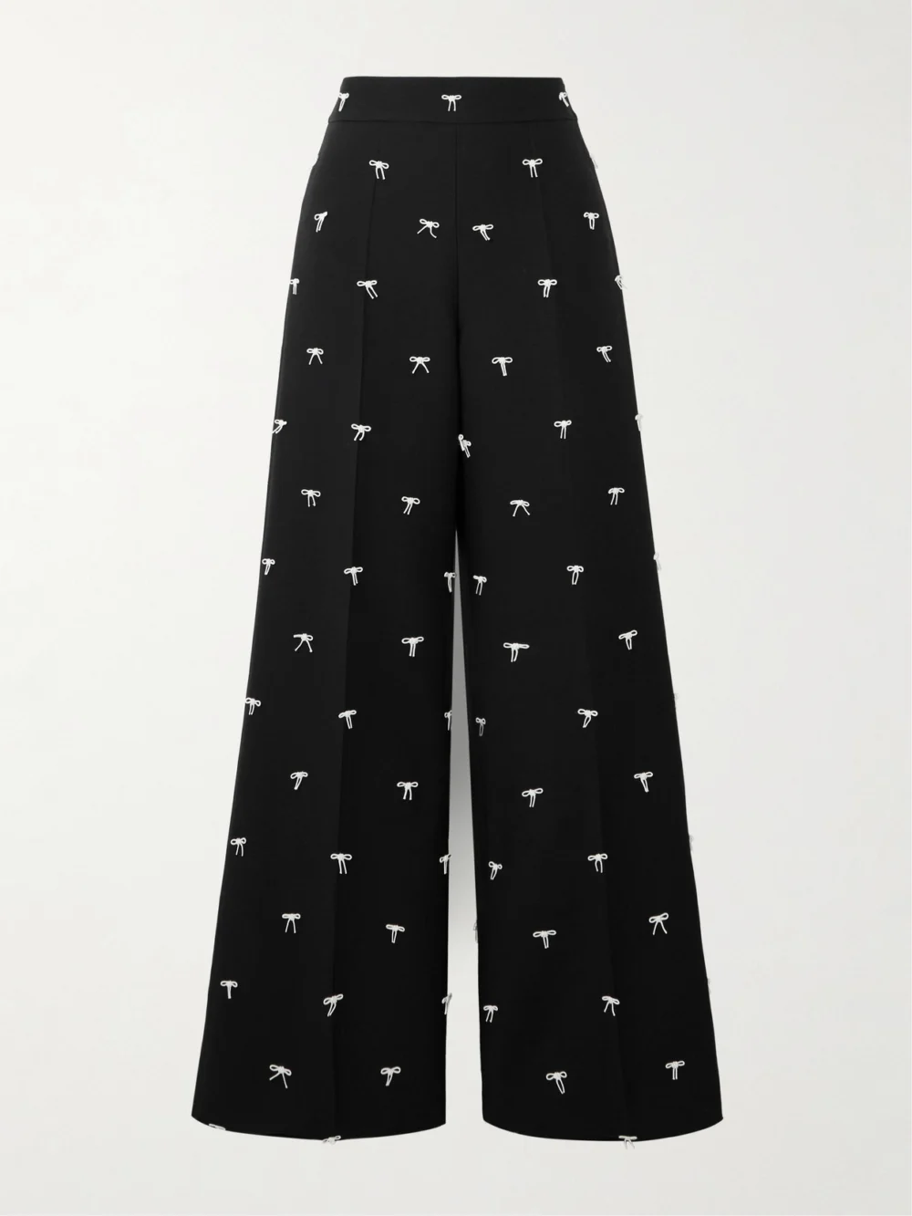 Valentino Garavani Bow-embellished Wool and Silk-blend Twill Wide-leg Pants in black