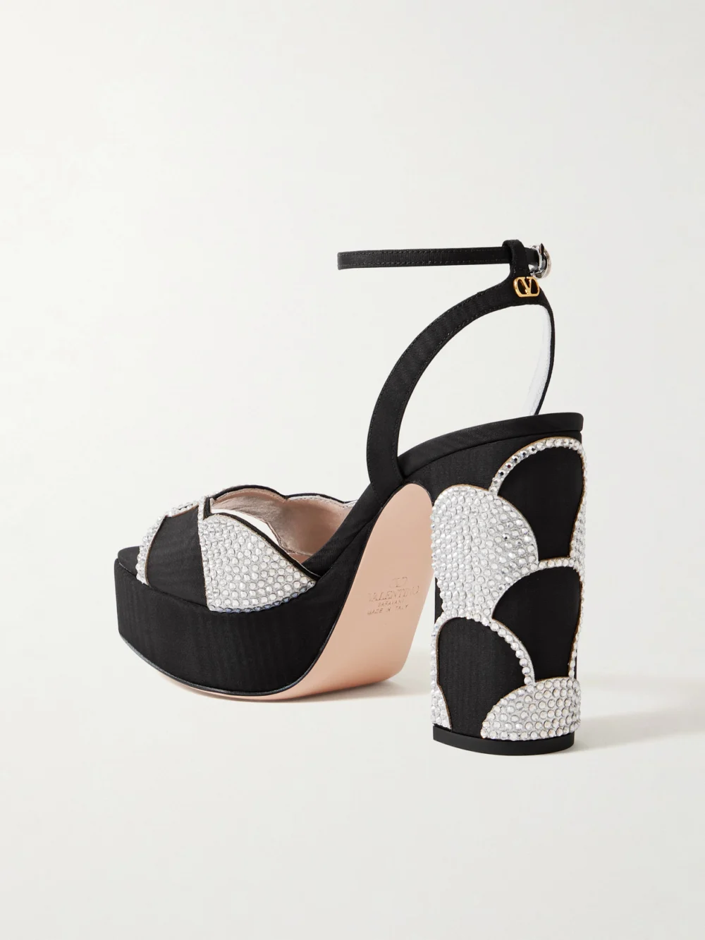 Back view of the Valentino Garavani Bowow 110 Faille and Crystal-embellished Metallic Leather Platform Sandals