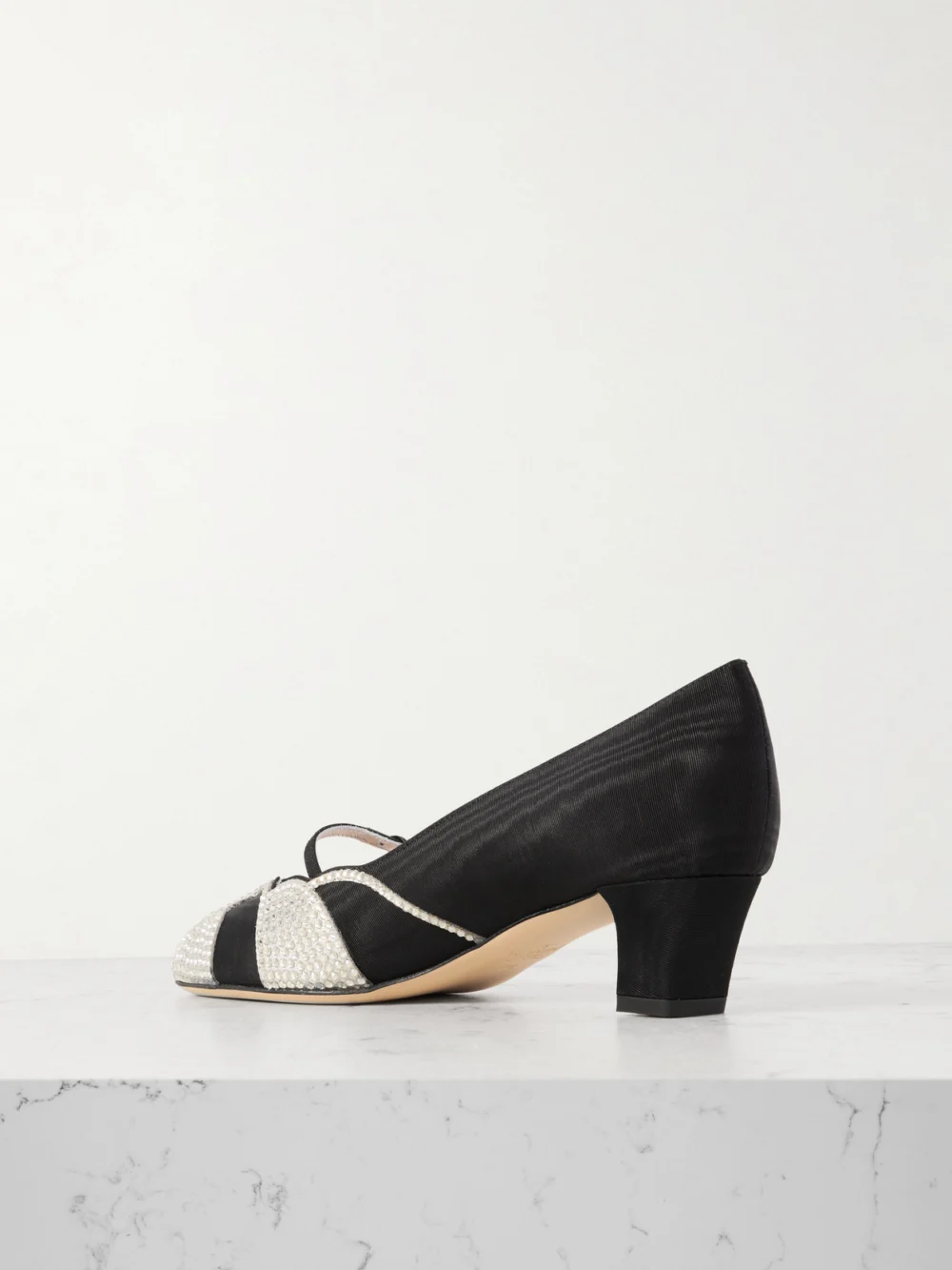 Back view of the Valentino Garavani Bowow 45 Crystal-embellished Suede-trimmed Moiré Pumps