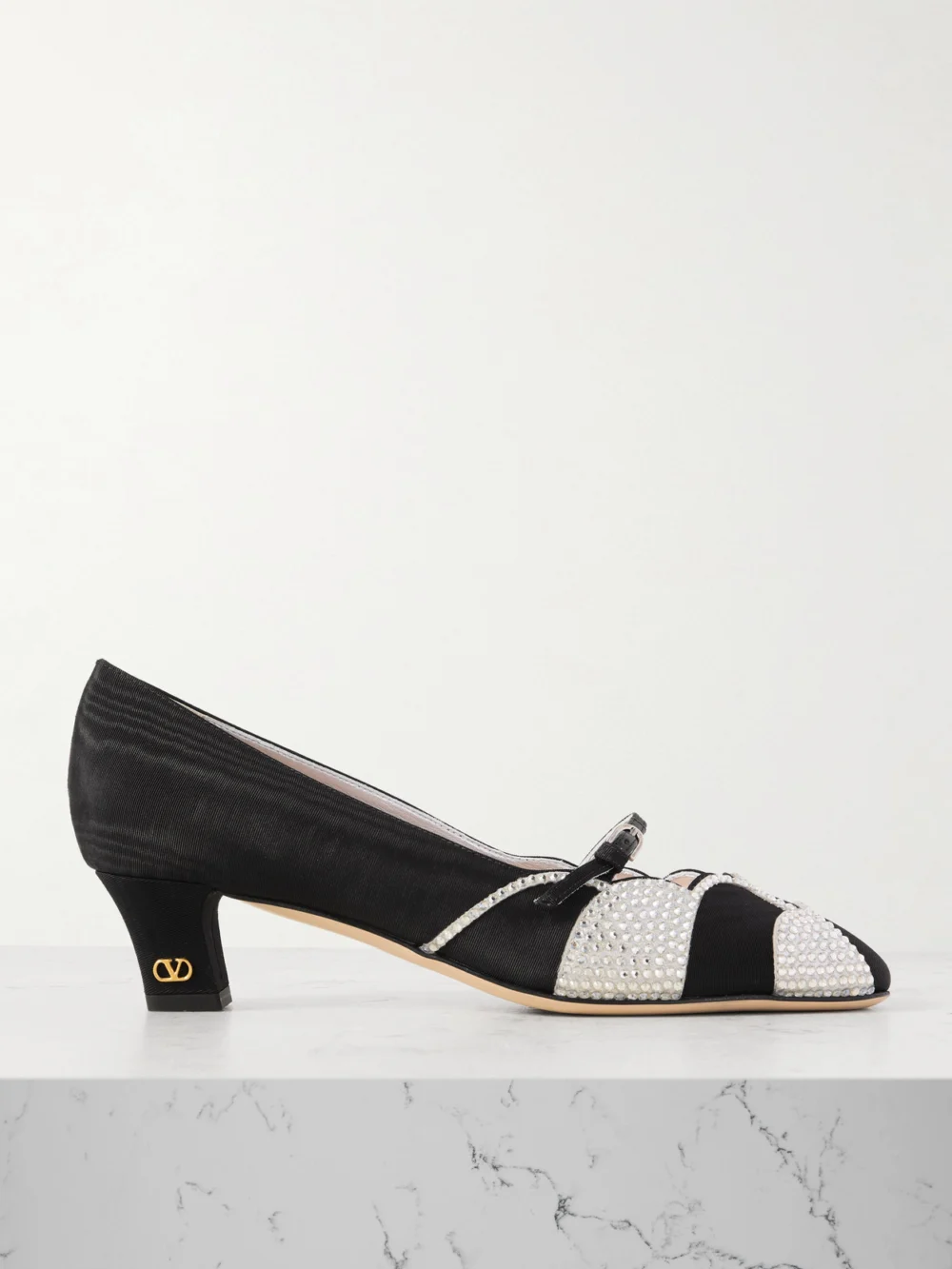Valentino Garavani Bowow 45 Crystal-embellished Suede-trimmed Moiré Pumps in black