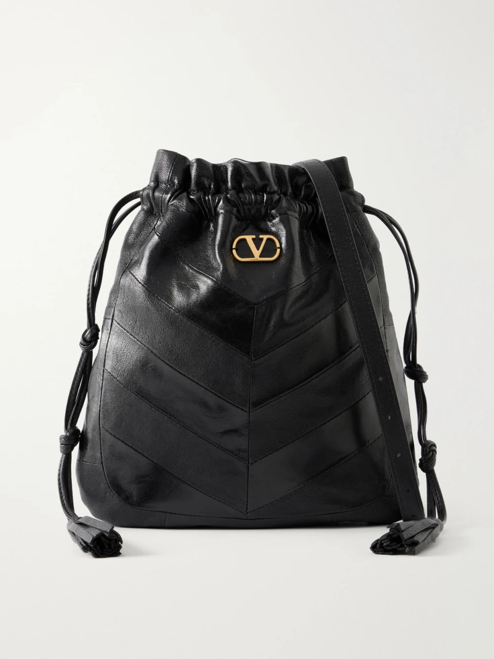 Valentino Garavani Buckette Logo-embellished Drawstring Leather Shoulder Bag in black