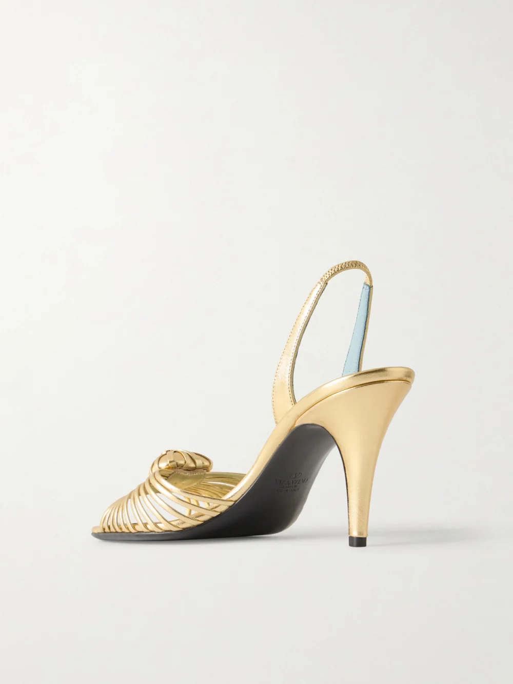 Back view of the Valentino Garavani Coeur Royal 85 Logo-embellished Metallic Leather Sandals