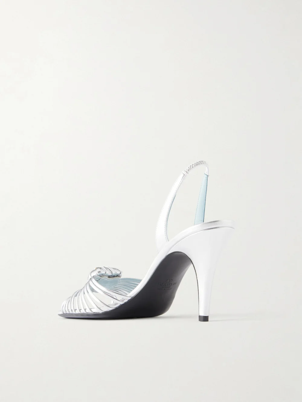 Back view of the Valentino Garavani Coeur Royal 85 Logo-embellished Metallic Leather Sandals