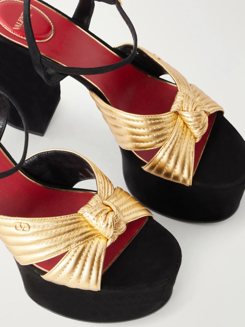 Close-up detail of the Valentino Garavani Crasher 125 Leather-trimmed Suede Sandals