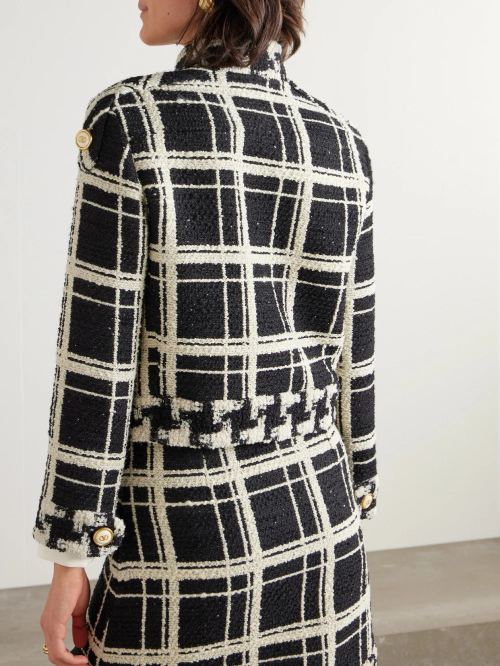 Back view of the Valentino Garavani Cropped Checked Wool-blend Tweed Jacket