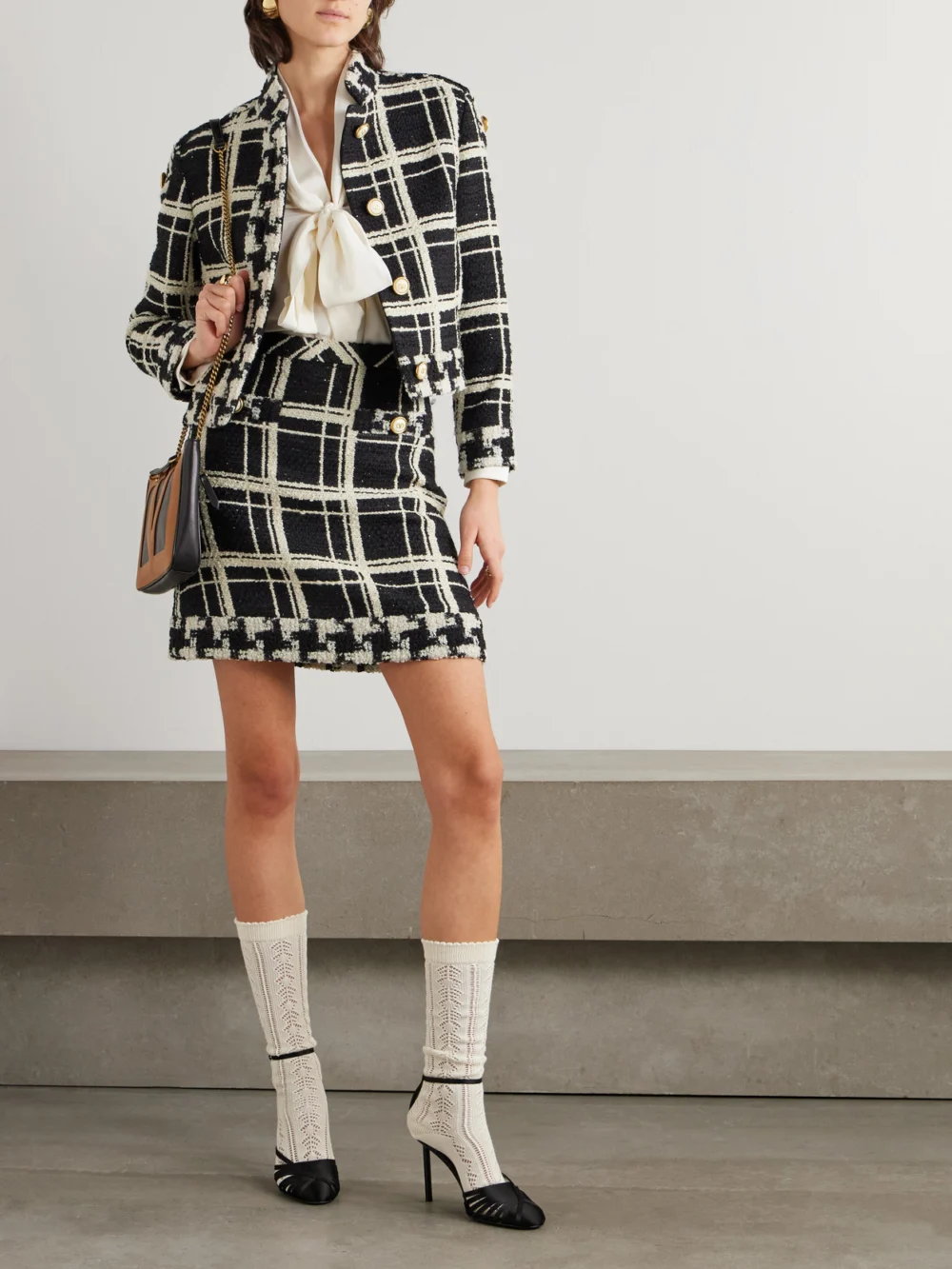 Valentino Garavani Cropped Checked Wool-blend Tweed Jacket, worn by a model