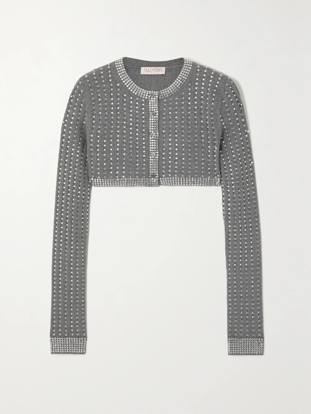 Valentino Garavani Cropped Crystal-embellished Ribbed Wool Cardigan in gray