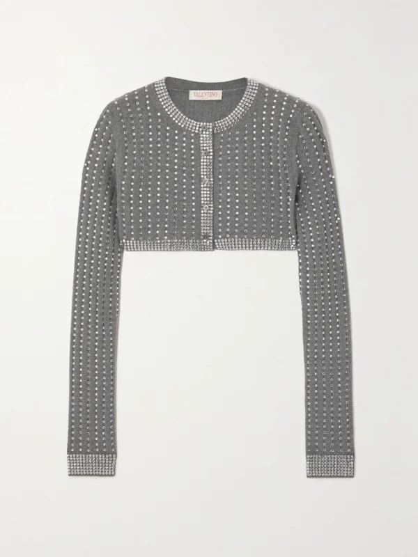 Valentino Garavani Cropped Crystal-embellished Ribbed Wool Cardigan