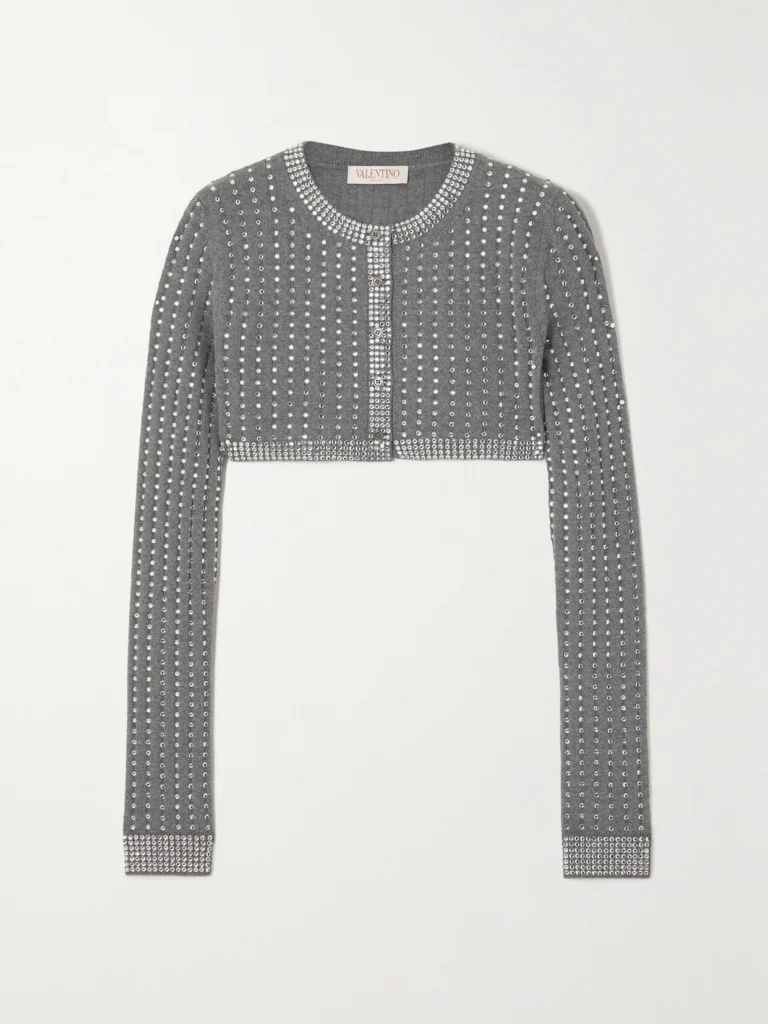 Valentino Garavani Cropped Crystal-embellished Ribbed Wool Cardigan