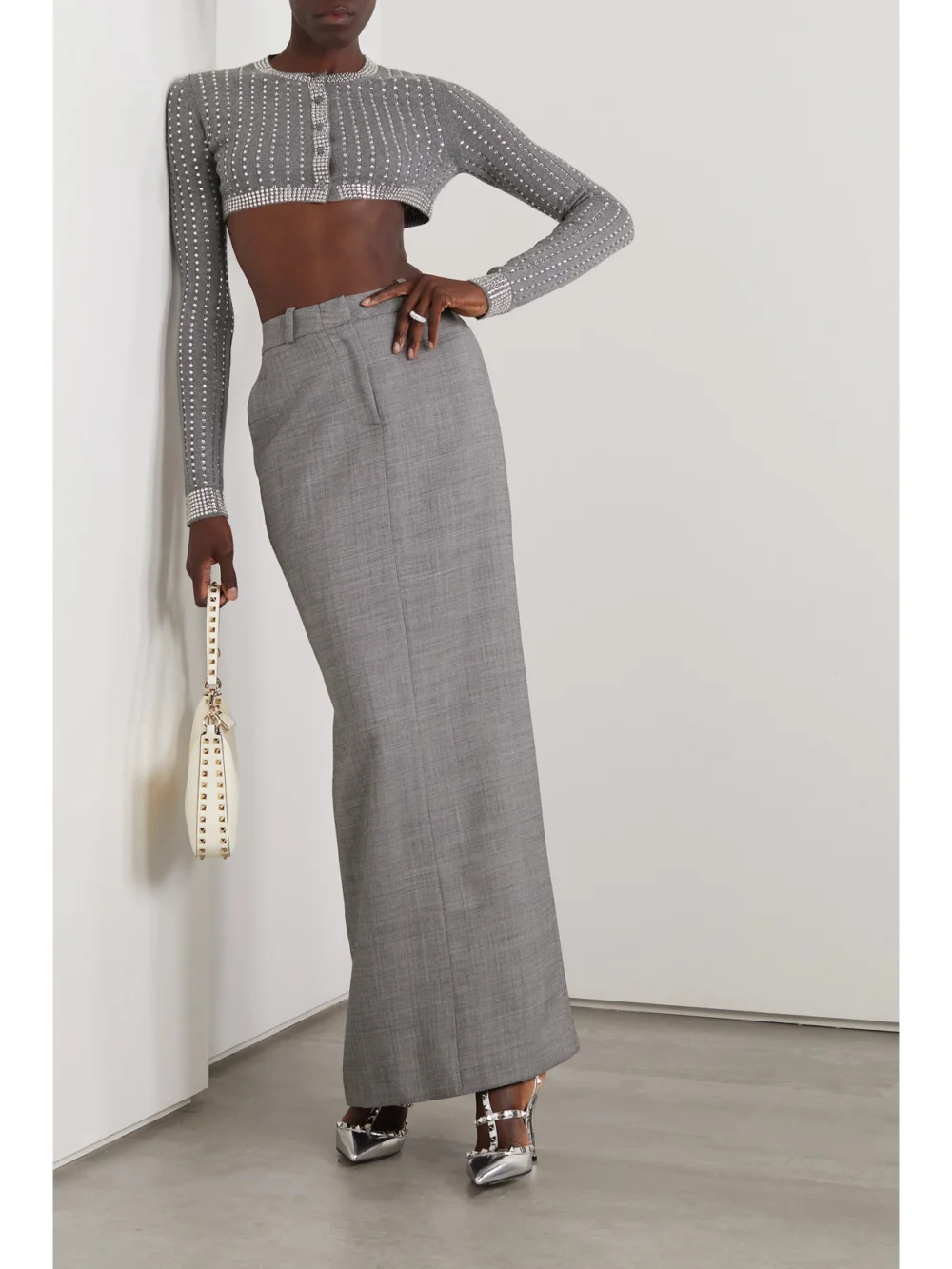 Valentino Garavani Cropped Crystal-embellished Ribbed Wool Cardigan, worn by a model