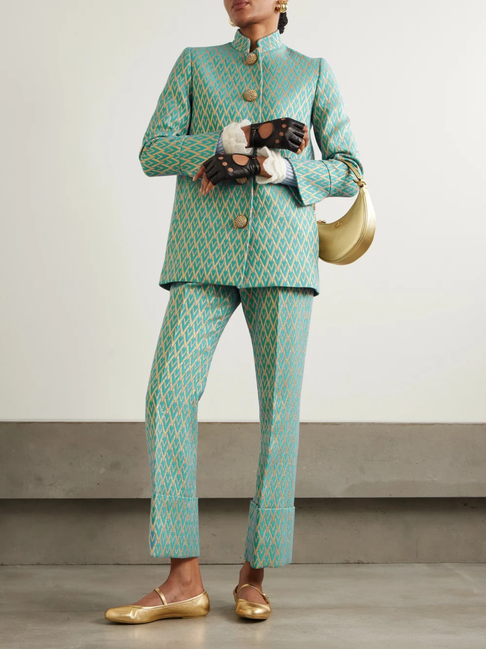 Valentino Garavani Crystal-embellished Metallic Wool-blend Jacquard Jacket, worn by a model