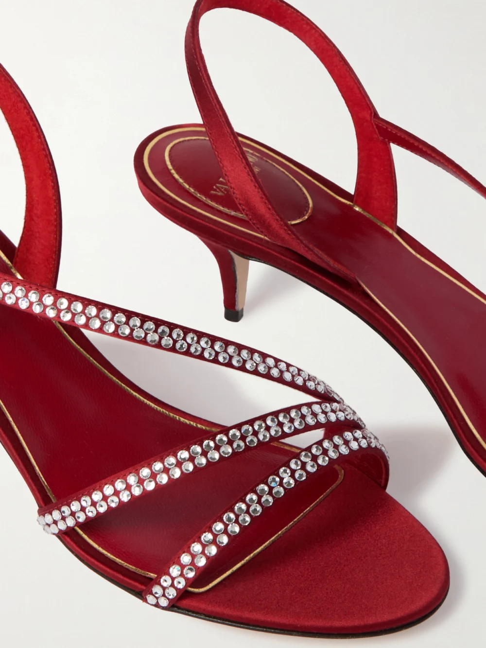 Close-up detail of the Valentino Garavani Dans Le Foyer 55 Crystal-embellished Satin Slingback Sandals