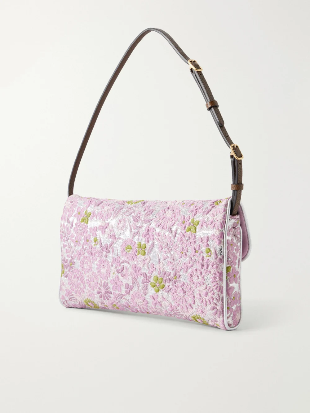 Back view of the Valentino Garavani Devain Leather-trimmed Floral-jacquard Shoulder Bag