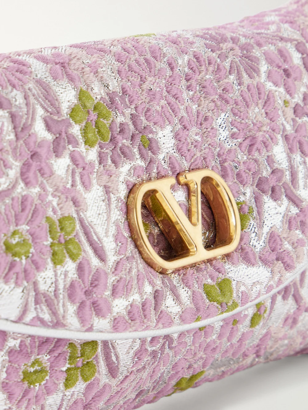 Close-up detail of the Valentino Garavani Devain Leather-trimmed Floral-jacquard Shoulder Bag