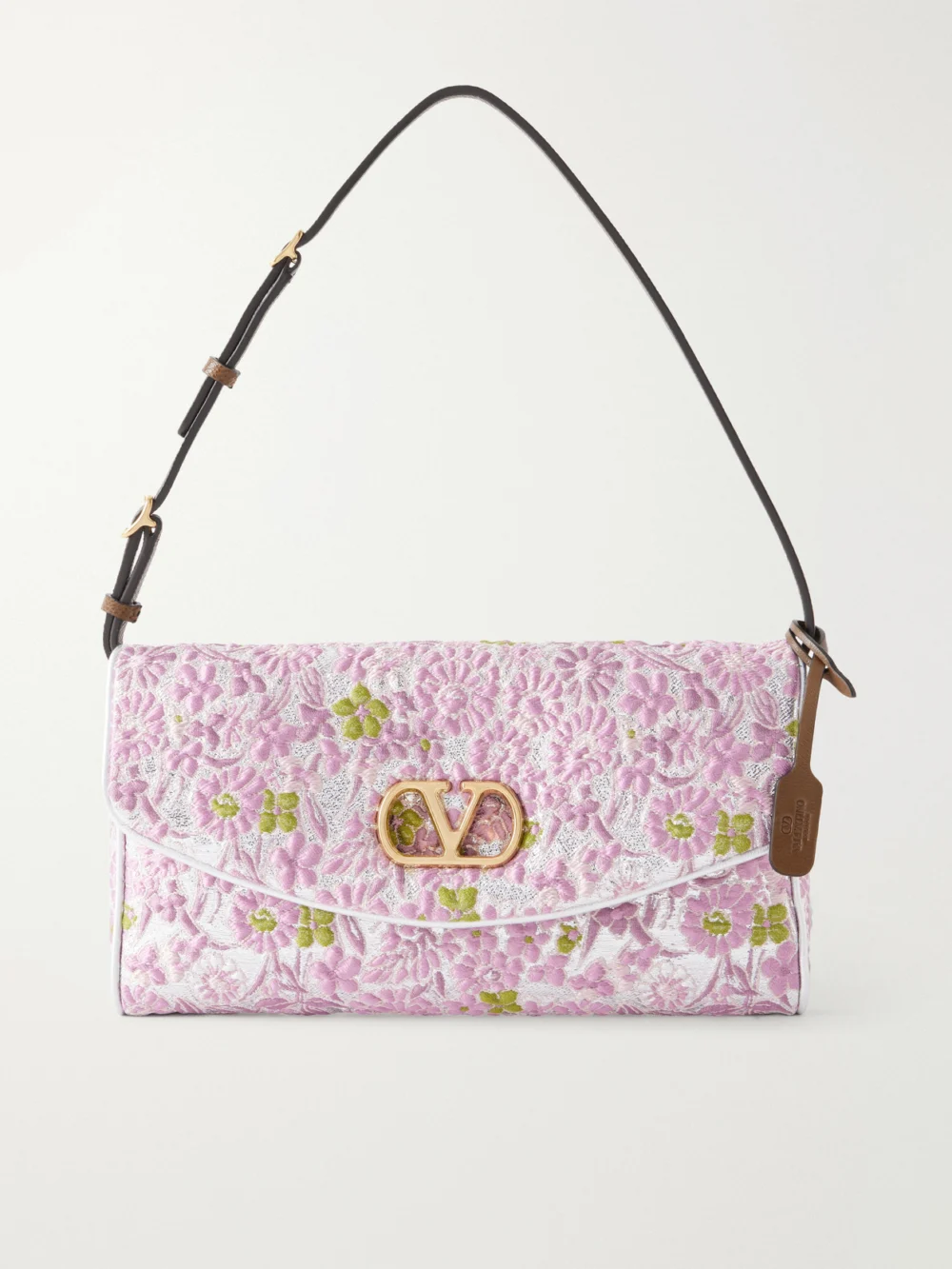 Valentino Garavani Devain Leather-trimmed Floral-jacquard Shoulder Bag in baby pink