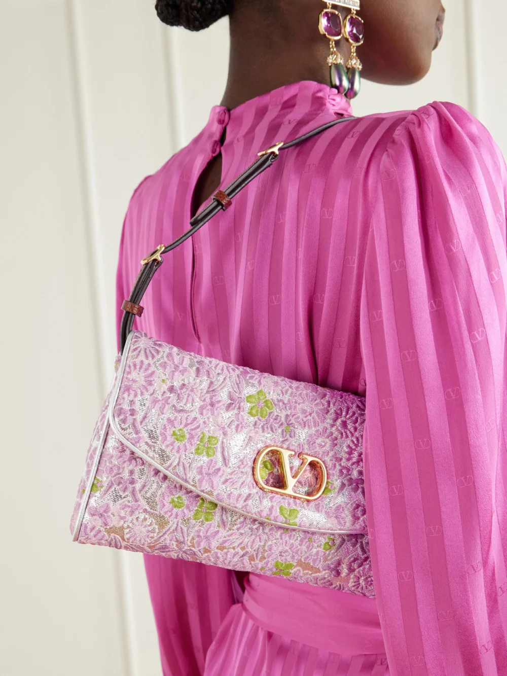 Valentino Garavani Devain Leather-trimmed Floral-jacquard Shoulder Bag, styled view