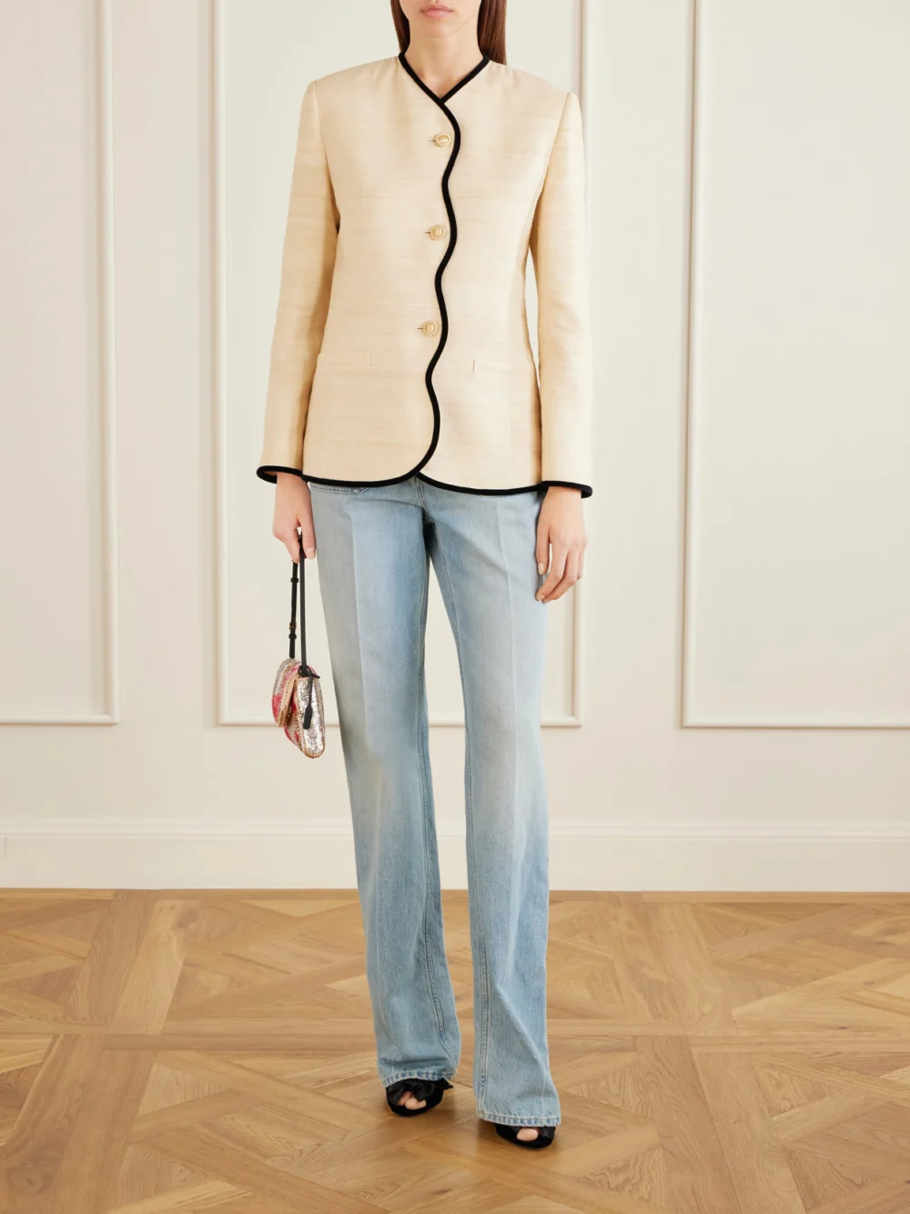 Valentino Garavani Devain Leather-trimmed Sequined Shoulder Bag, styled view