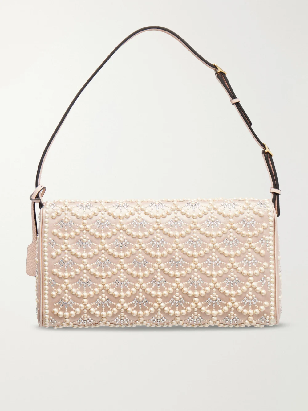 Back view of the Valentino Garavani Devain Pearl and Crystal-embellished Satin Shoulder Bag