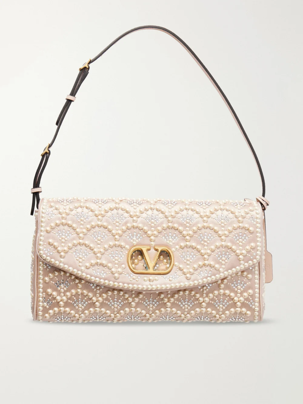 Valentino Garavani Devain Pearl and Crystal-embellished Satin Shoulder Bag in cream