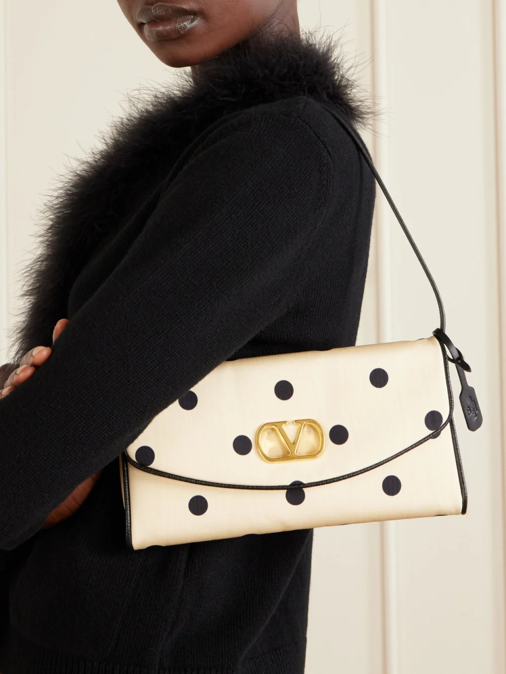 Valentino Garavani Devain Polka-dot Moire Clutch, styled view