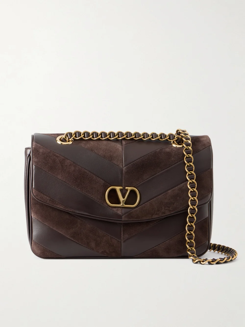 Valentino Garavani Djuna Medium Embellished Suede and Leather Shoulder Bag in chocolate
