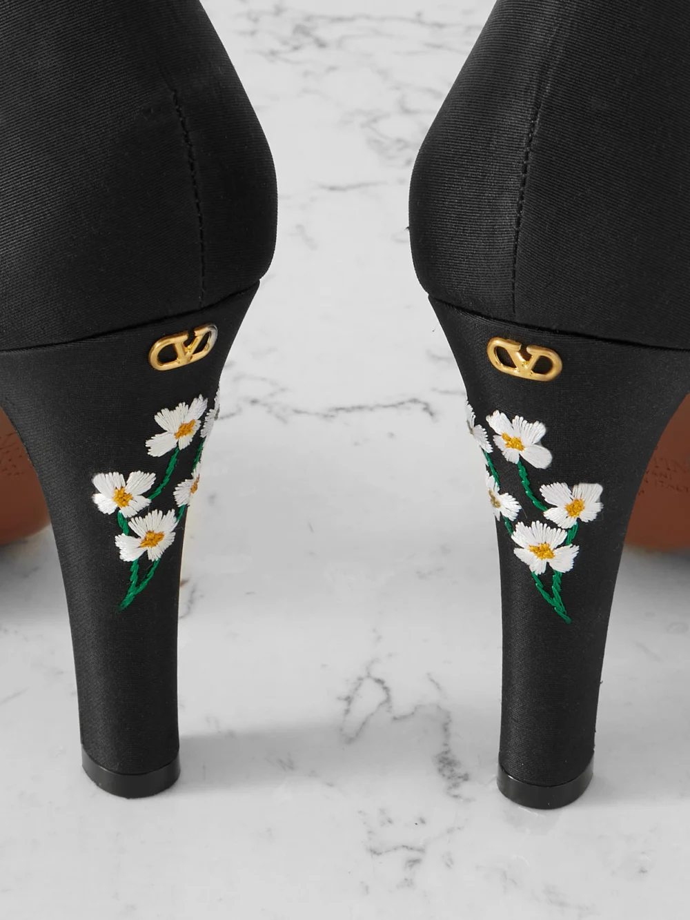 Close-up detail of the Valentino Garavani Dolly 105 Embroidered Shantung Pumps