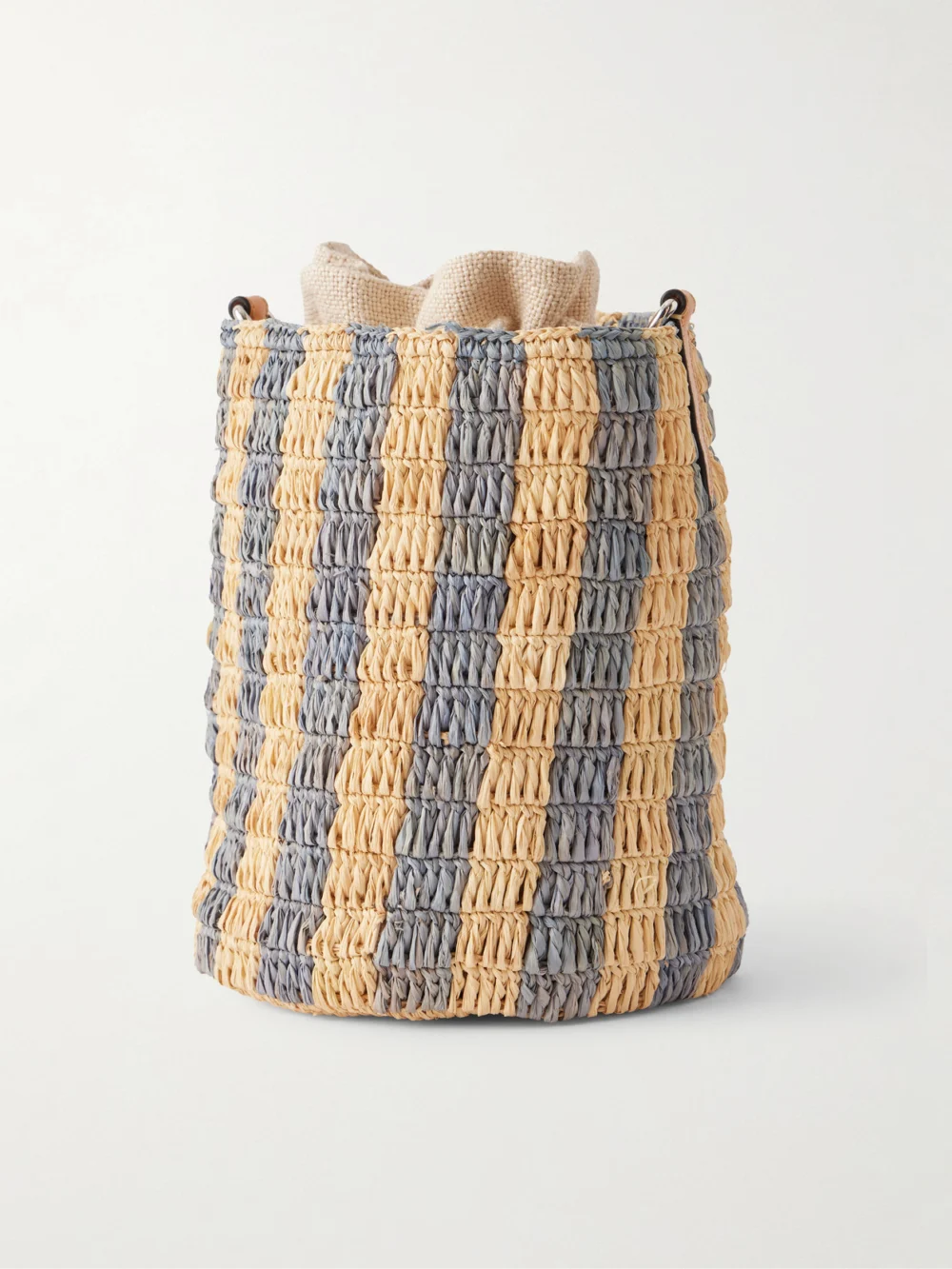 Back view of the Valentino Garavani Embellished Striped Leather-trimmed Raffia Bucket Bag