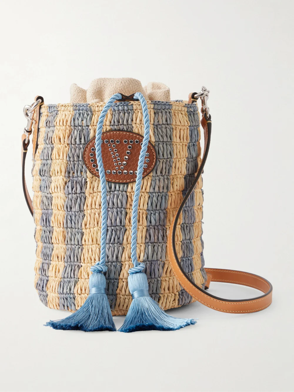 Valentino Garavani Embellished Striped Leather-trimmed Raffia Bucket Bag in light blue