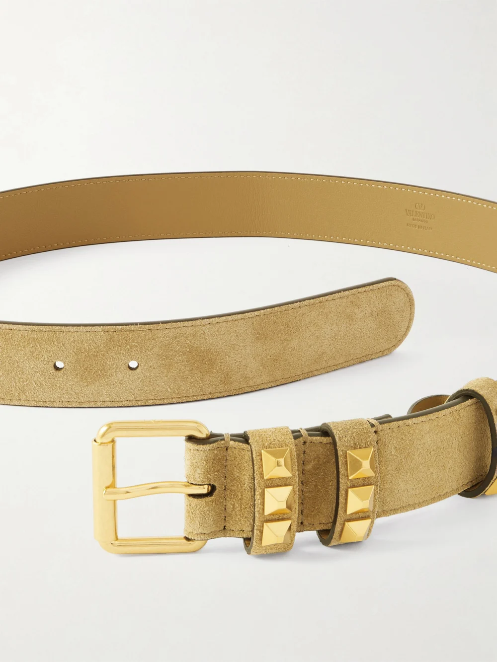 Close-up detail of the Valentino Garavani Embellished Suede Belt