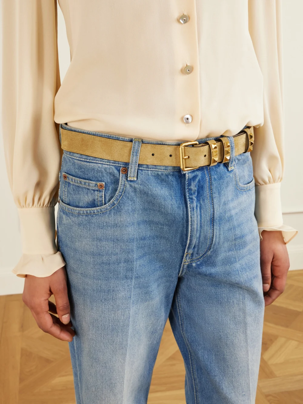 Valentino Garavani Embellished Suede Belt, styled view