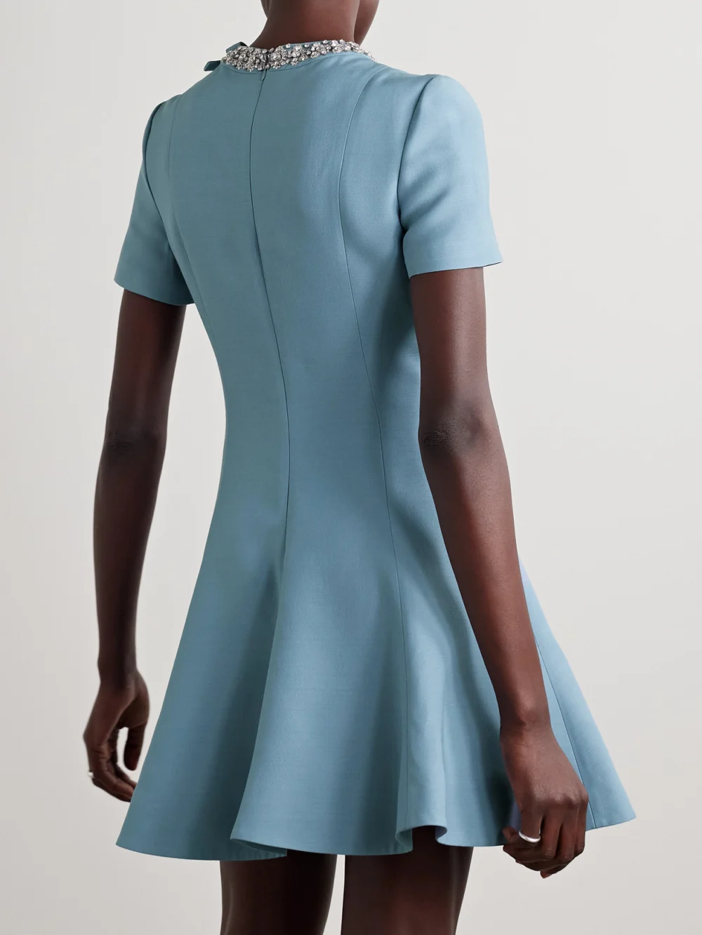 Back view of the Valentino Garavani Embellished Wool and Silk-blend Mini Dress