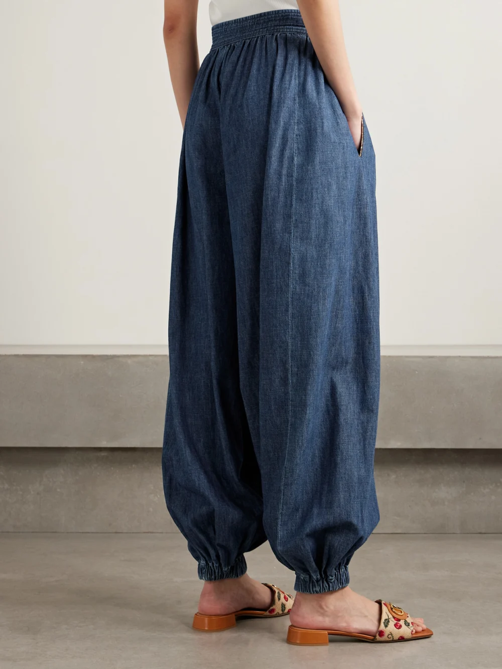 Back view of the Valentino Garavani Embroidered Chambray Tapered Pants