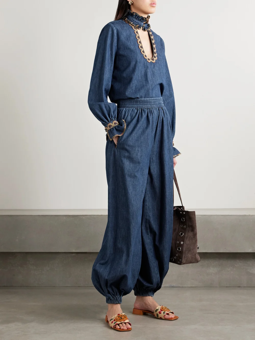Valentino Garavani Embroidered Chambray Tapered Pants, worn by a model