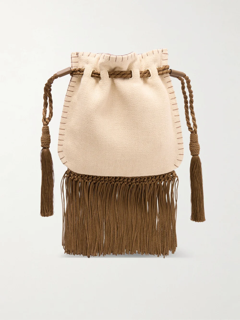 Back view of the Valentino Garavani Embroidered Fringed Canvas Drawstring Shoulder Bag