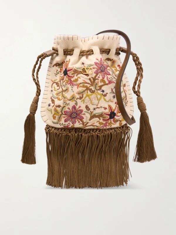 Valentino Garavani Embroidered Fringed Canvas Drawstring Shoulder Bag