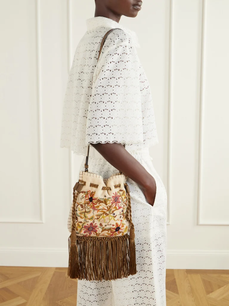 Valentino Garavani Embroidered Fringed Canvas Drawstring Shoulder Bag